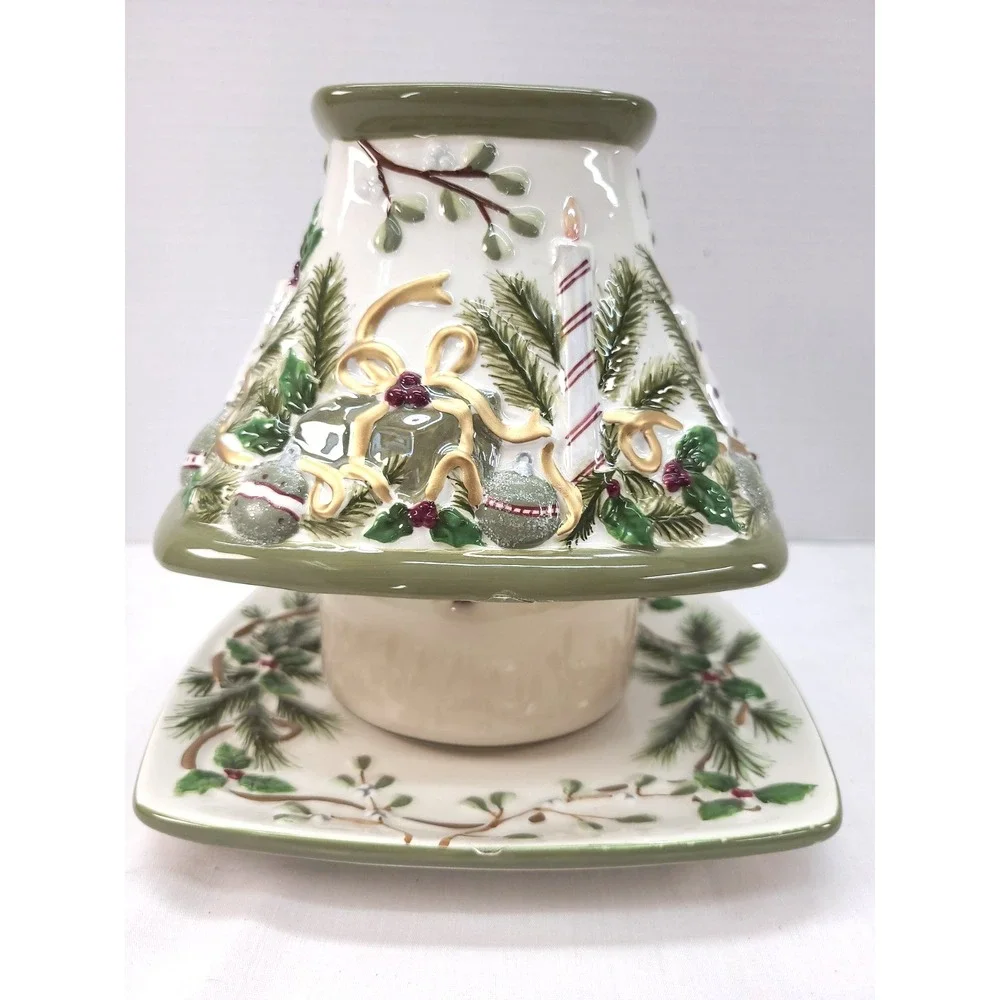 Yankee Candle Mistletoe Candle Jar Shade Holder w Plate Ceramic Holiday **READ**